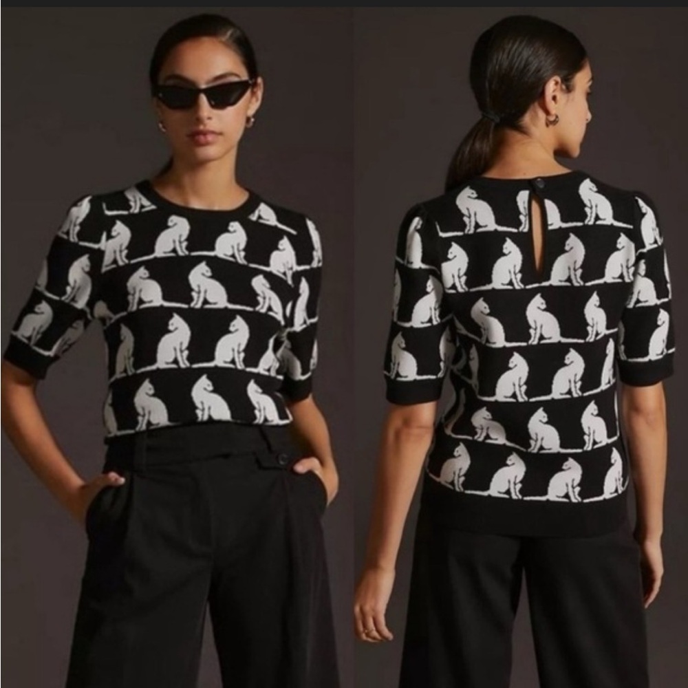 Anthropologie Maeve Harmon Black & White Cat Pattern Short-Sleeve Crew Sweater